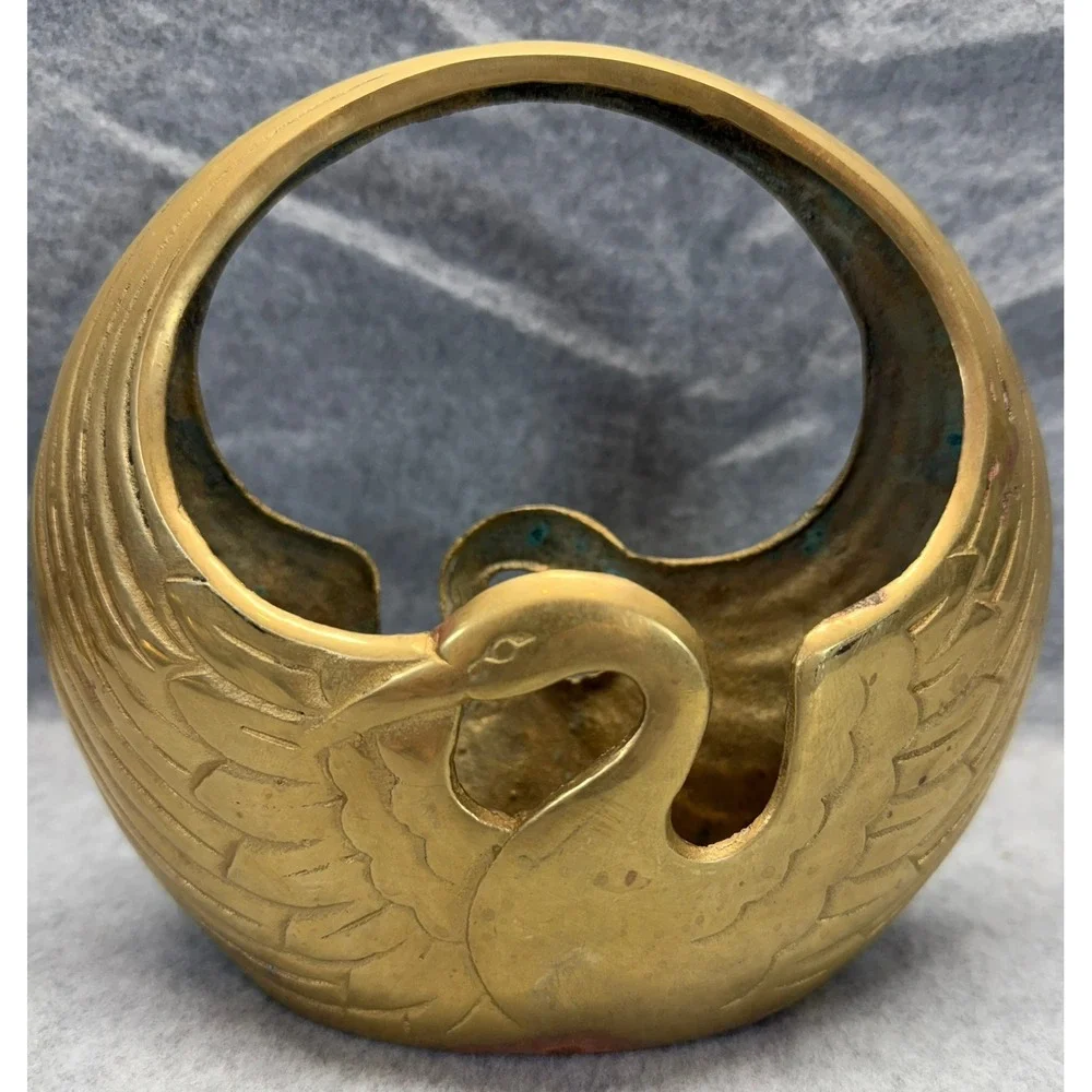 Vintage Solid Brass Swan Basket Decorative Catchall Bowl Hollywood Regency Gold